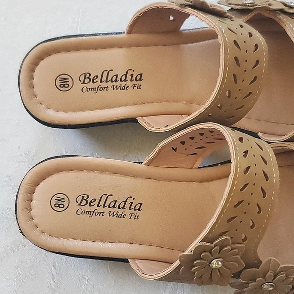 Belladia Comfort Wide Tan Beige Floral Shoes Women's Size 8W - Picture 5 of 11